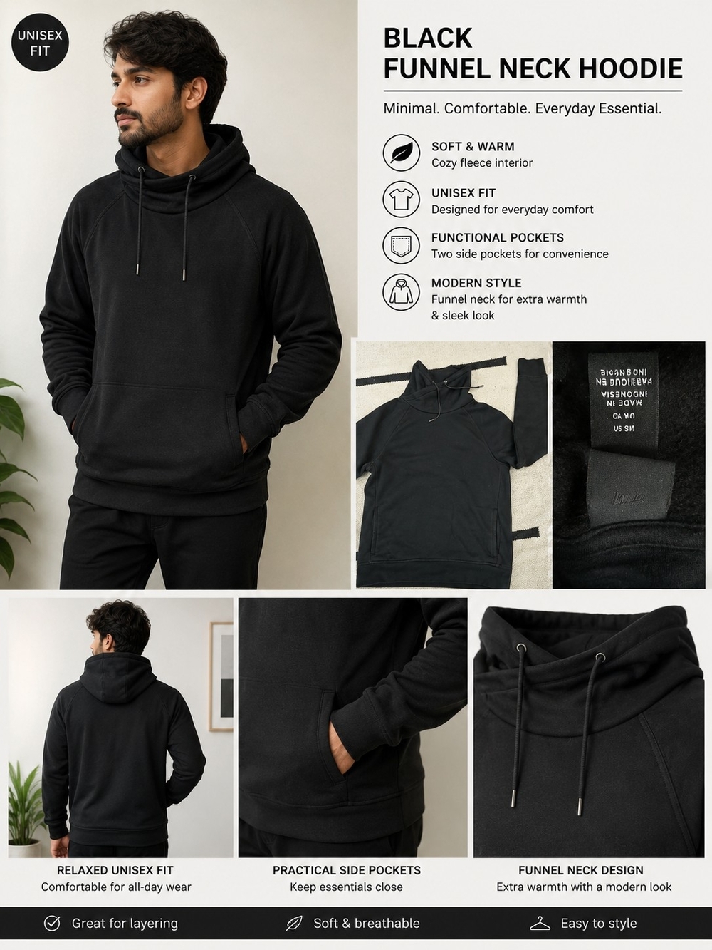 H&M Black Funnel Neck Hoodie